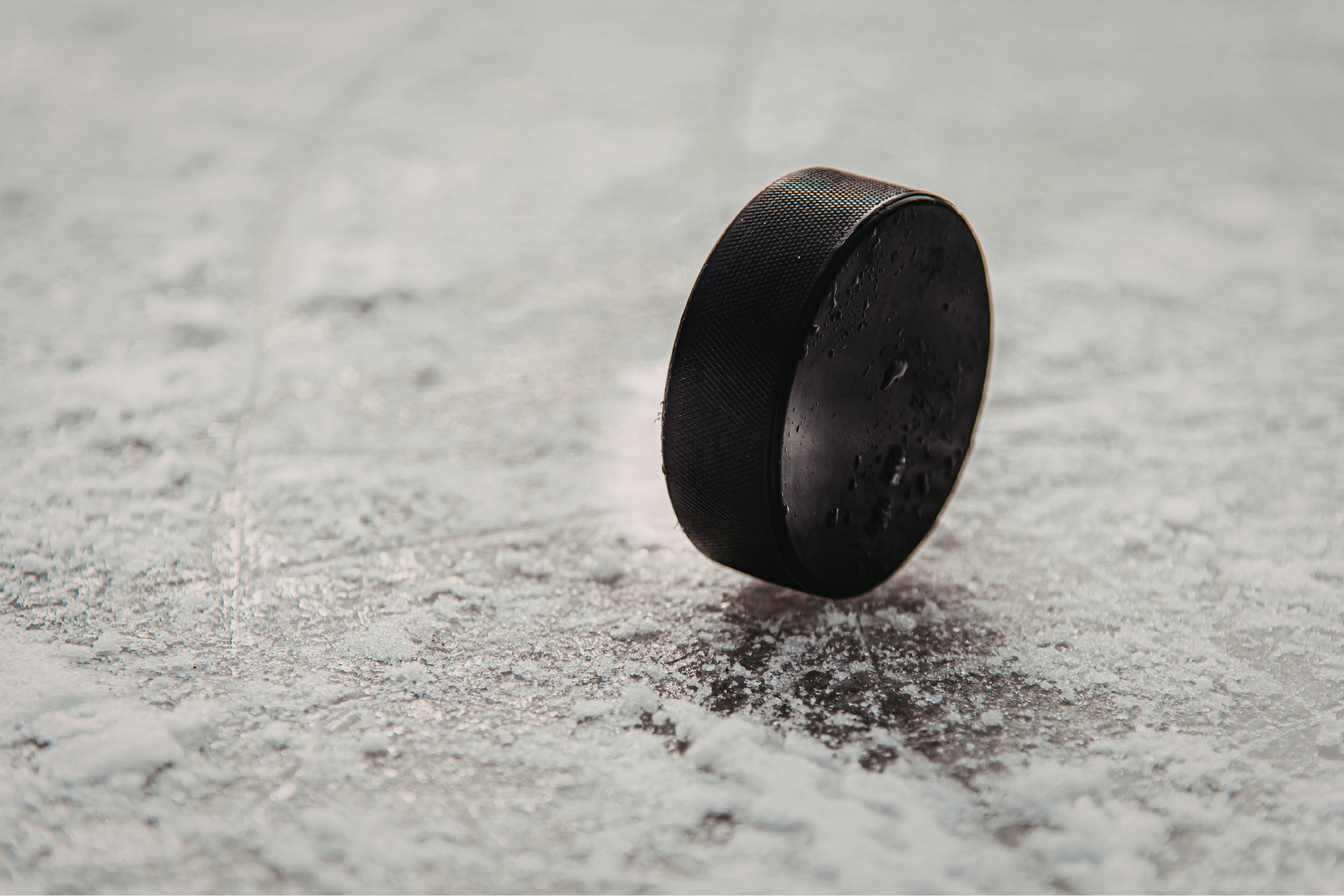a hockey puck standing on it's edge on snow dusted ice