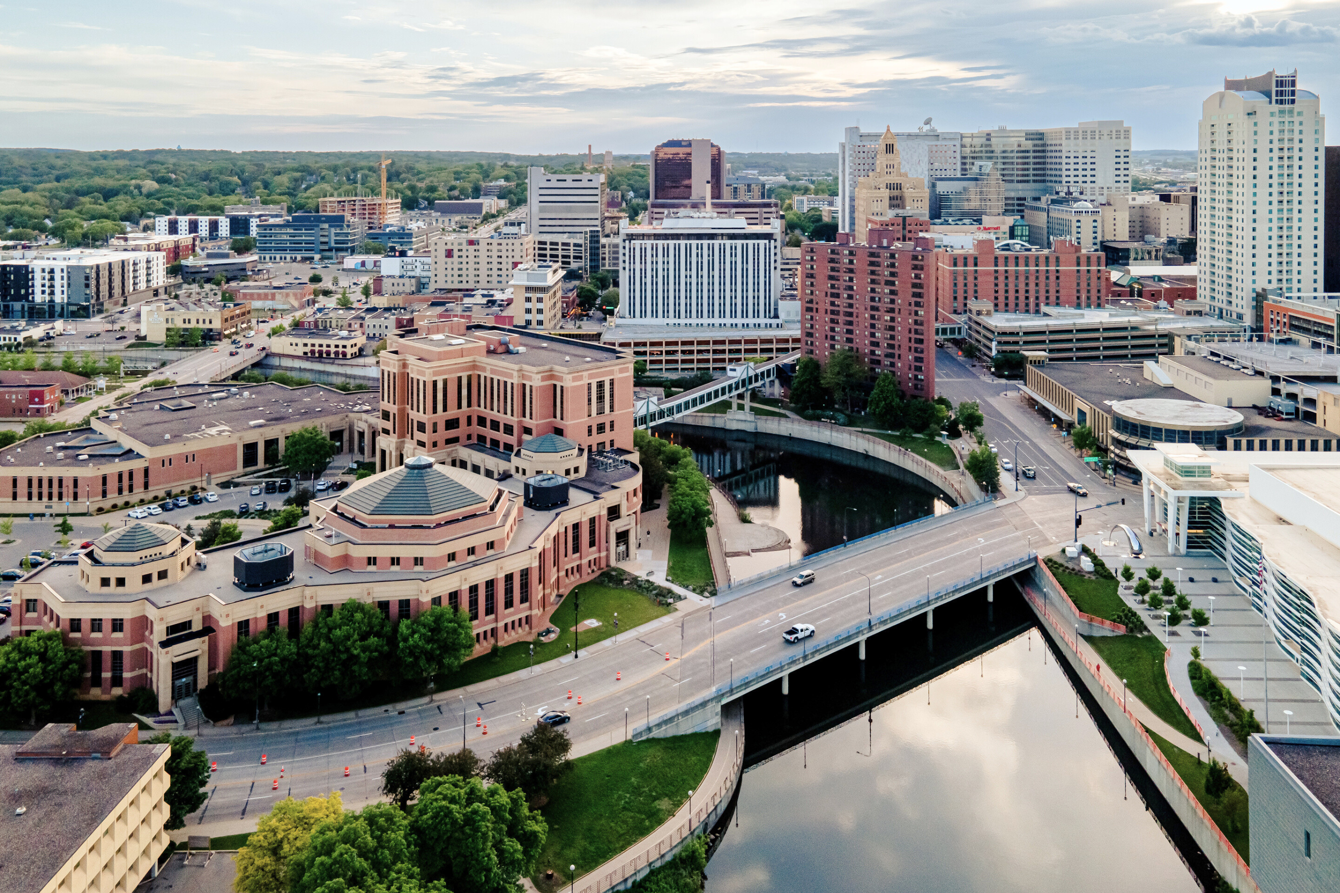 drone view of downtown Rochester near the Government Center