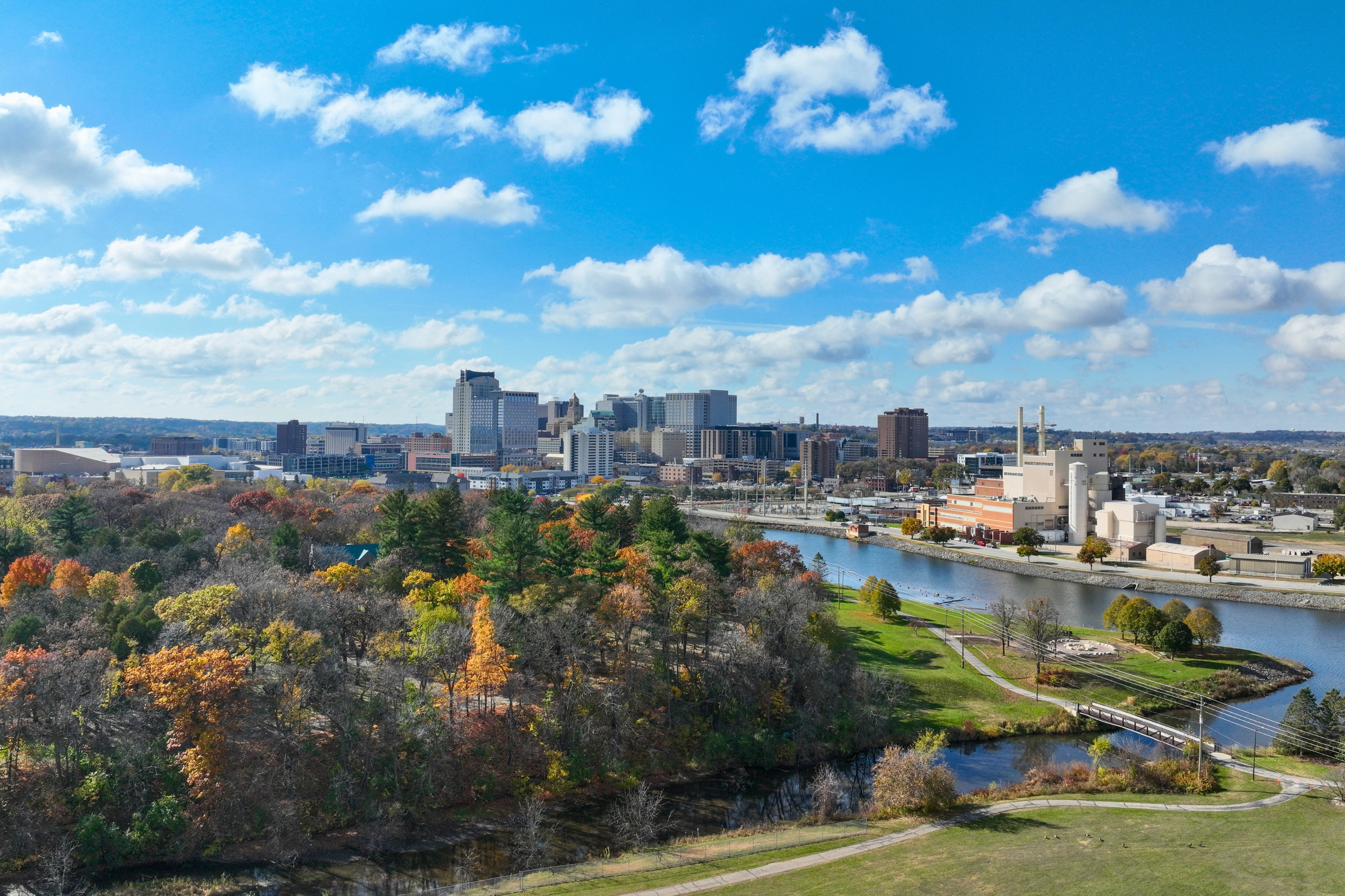 skyline view of Rochester from drone on a blue skied partly cloudy day