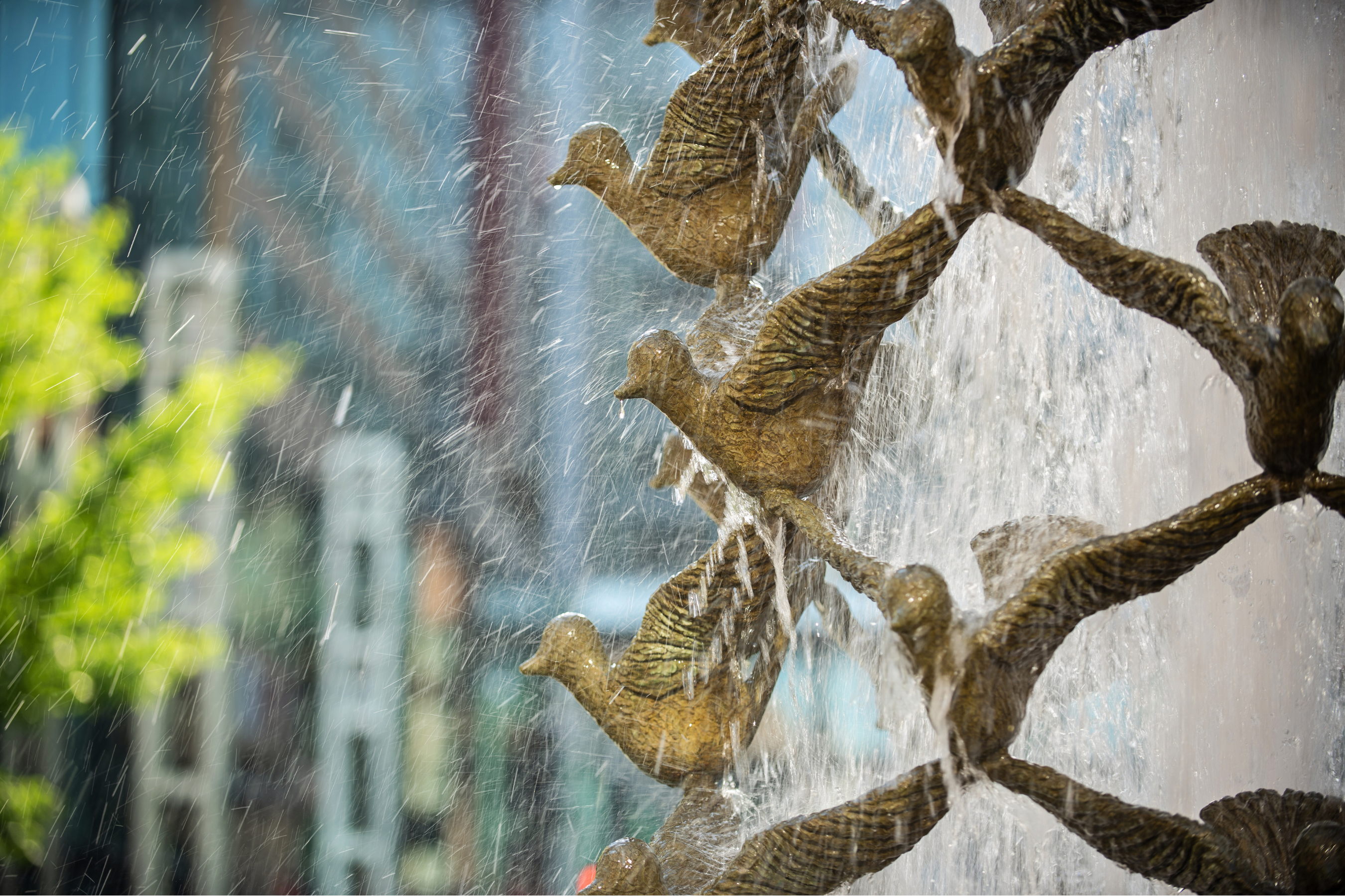 water spraying off a statue of multiple doves with blurred cityscape in the background